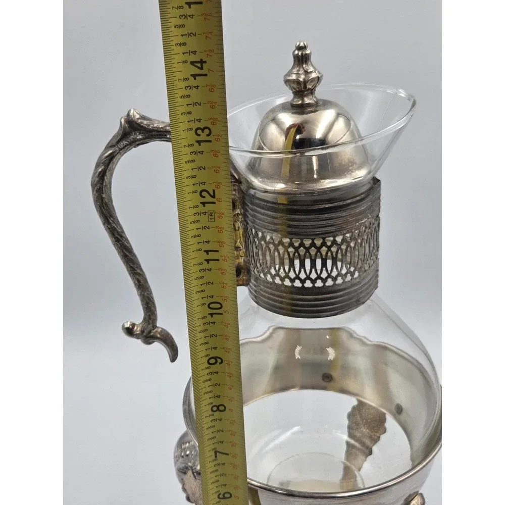 Vintage  Silver Plated Glass Coffee Pot Carafe W / Warming Stand 14.5